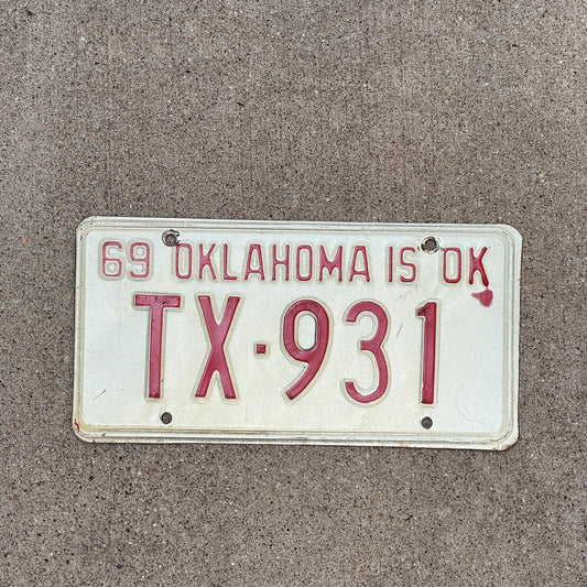 Photo of a 1969 Oklahoma License Plate Auto Tag Garage Decor Vintage TX 931