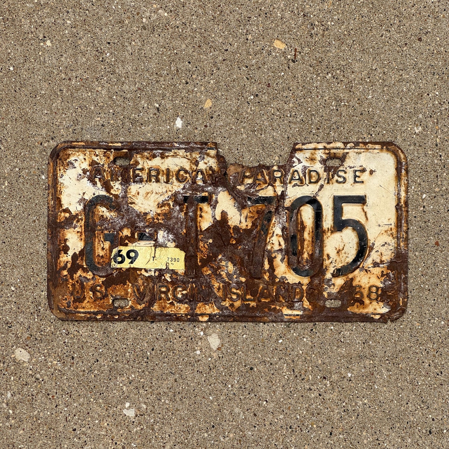 Photo of a 1969 Virgin Islands License Plate Auto Tag Garage Decor Vintage GT 705