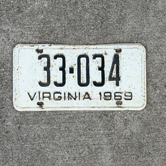 Photo of a 1969 Virginia License Plate Auto Tag Garage Decor Vintage 33 034 with original patina