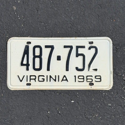 Photo of a 1969 Virginia License Plate Auto Tag Garage Decor Vintage 487 752 with original patina