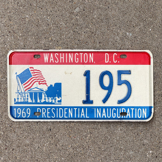 Photo of a 1969 Washington DC Inaugural License Plate Auto Tag Garage Decor Vintage Nixon Politics Political Low Number Three Digit 195 with original patina