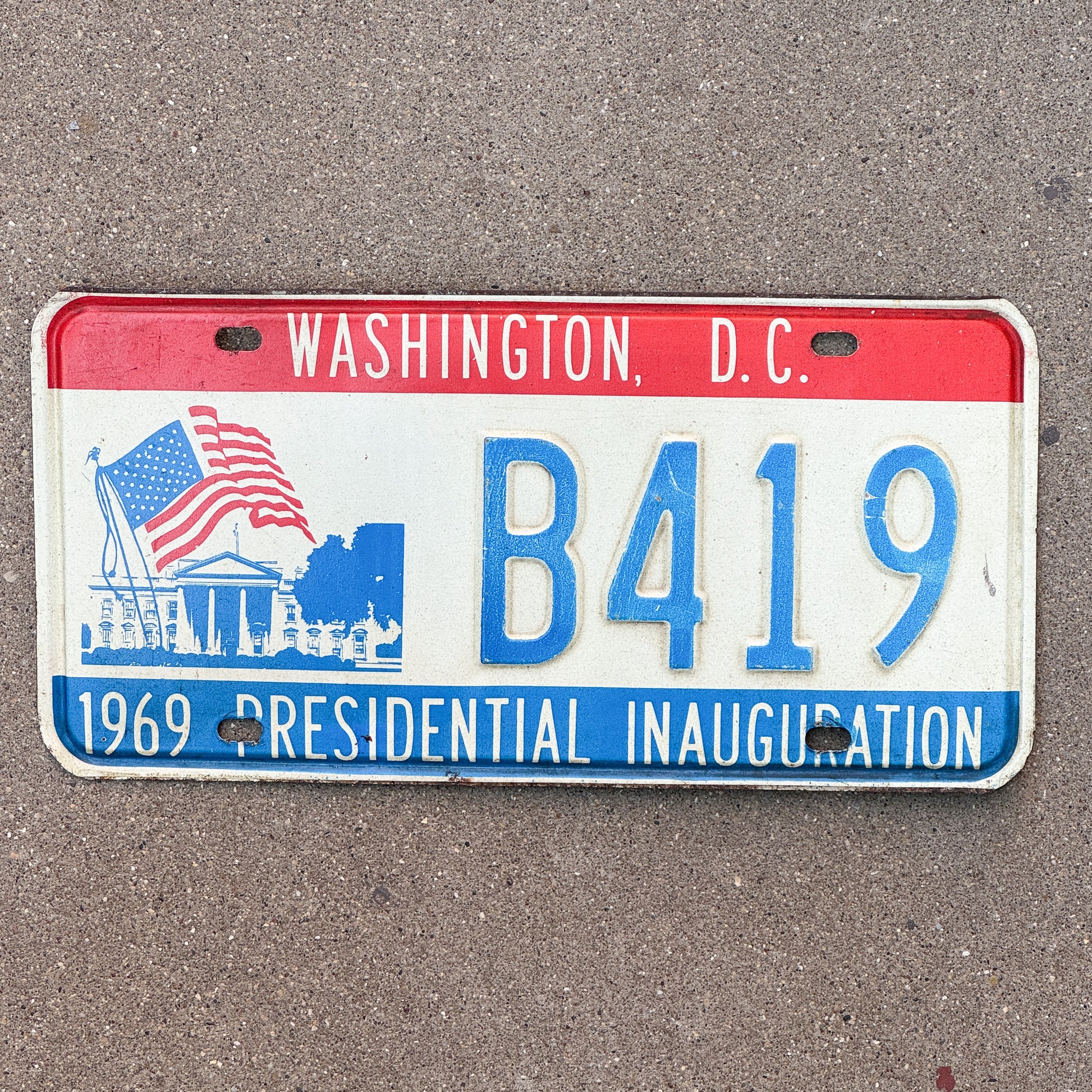 Photo of a 1969 Washington DC Inaugural License Plate Auto Tag Garage Decor Vintage Staff Member & Embassy Prefix Nixon Politics Political B 419 with original patina