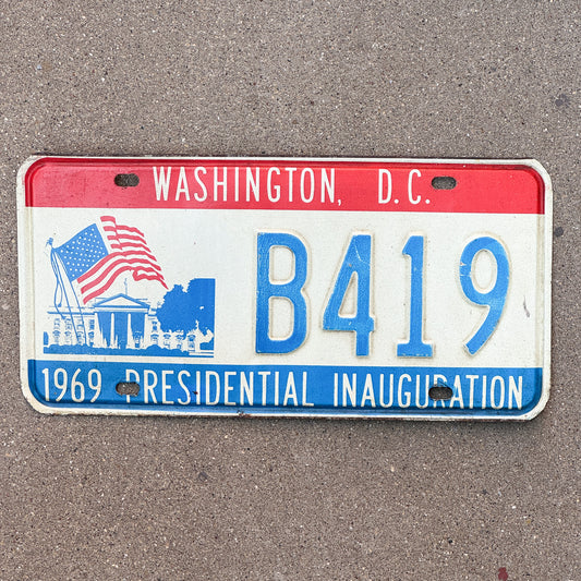 Photo of a 1969 Washington DC Inaugural License Plate Auto Tag Garage Decor Vintage Staff Member & Embassy Prefix Nixon Politics Political B 419 with original patina
