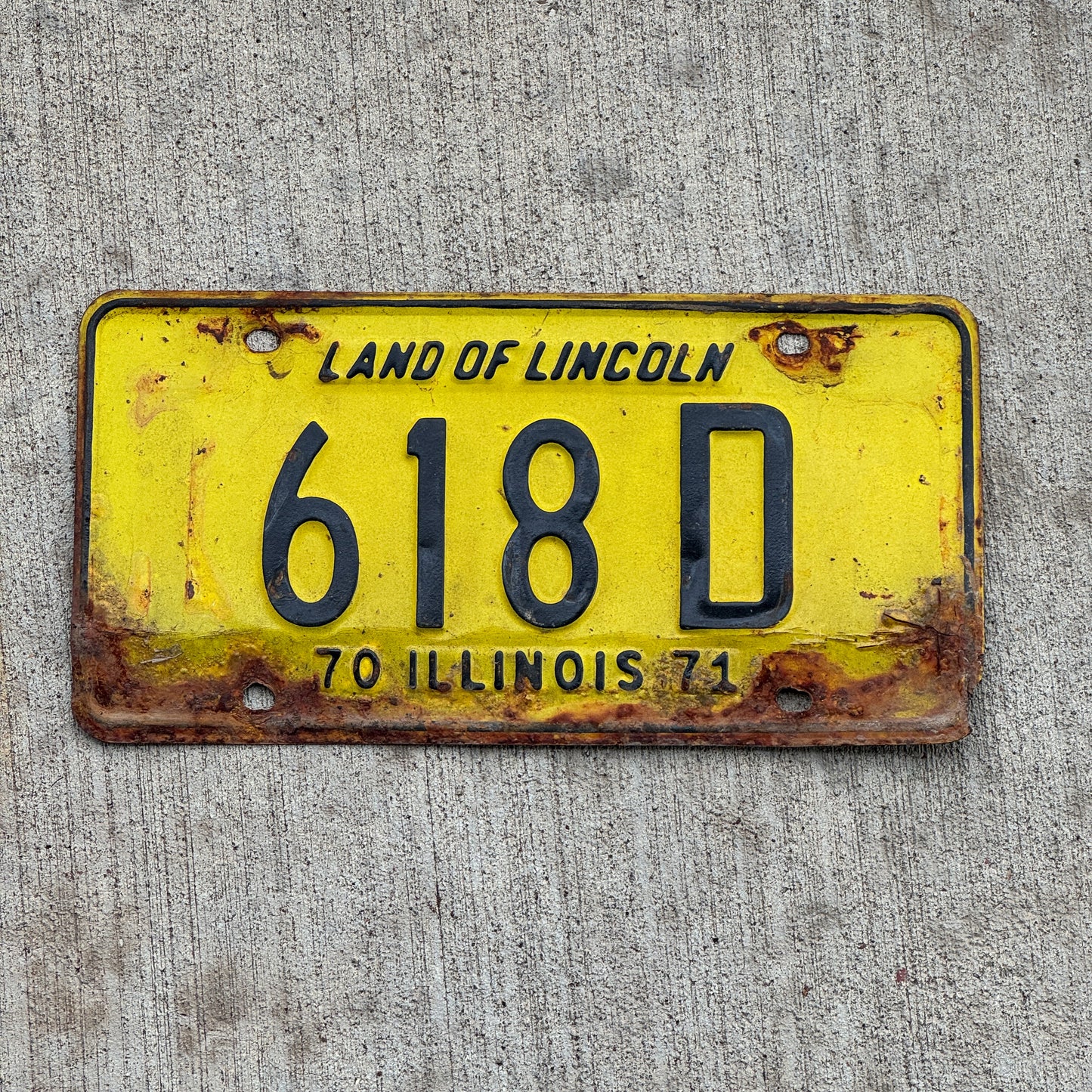 Photo of a 1970 1971 Illinois Truck License Plate Auto Tag 2 Vintage Garage 618 D with original patina