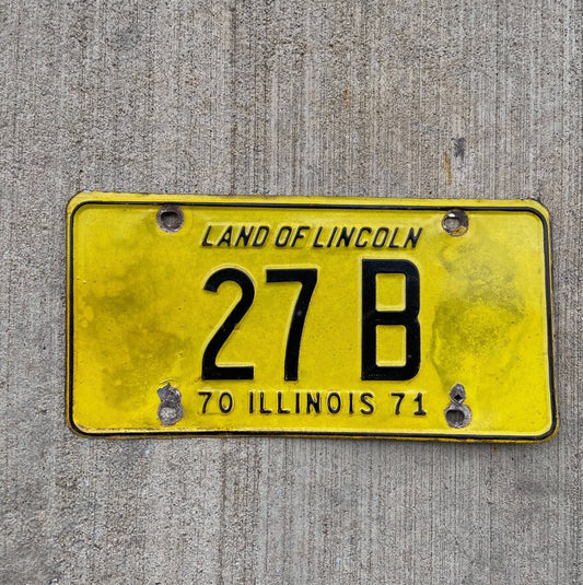 Photo of a 1970 1971 Illinois Truck License Plate Auto Tag Garage Decor Vintage Low Number Two Digit 27 B with original patina