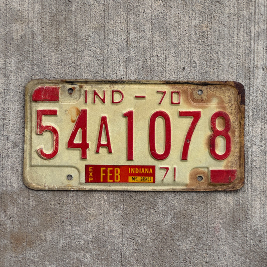 Photo of a 1970 1971 Indiana License Plate Auto Tag Garage Decor Vintage 54 A 1078 with original patina