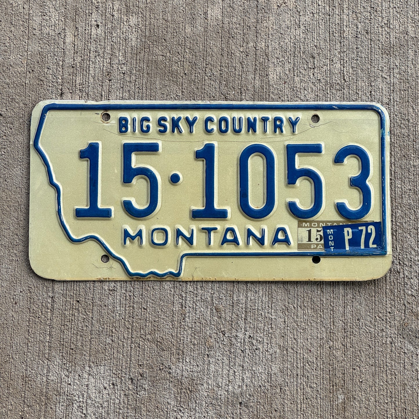 Photo of a 1970 1972 Montana License Plate Auto Tag Garage Decor Vintage 15 1053 with original patina