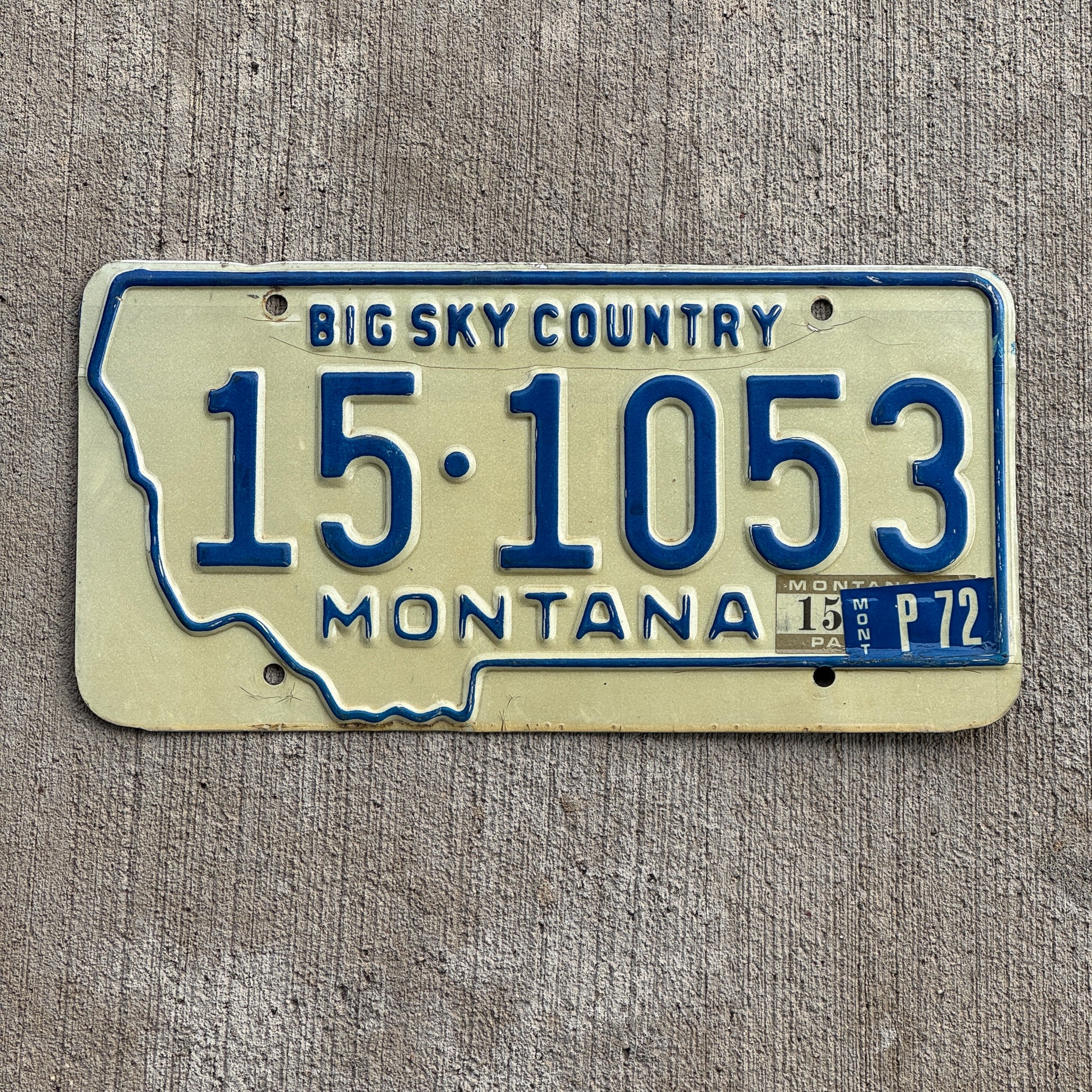 Photo of a 1970 1972 Montana License Plate Auto Tag Garage Decor Vintage 15 1053 with original patina