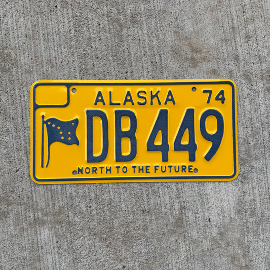 Photo of a 1970 1974 Alaska License Plate Auto Tag Garage Decor Vintage DB 449 with original patina