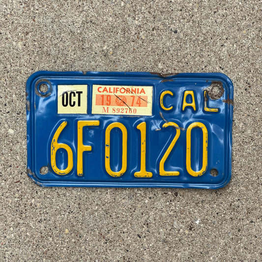 Photo of a 1970 1974 California Motorcycle License Plate Auto Tag Garage Decor Vintage 6F0120 with original patina