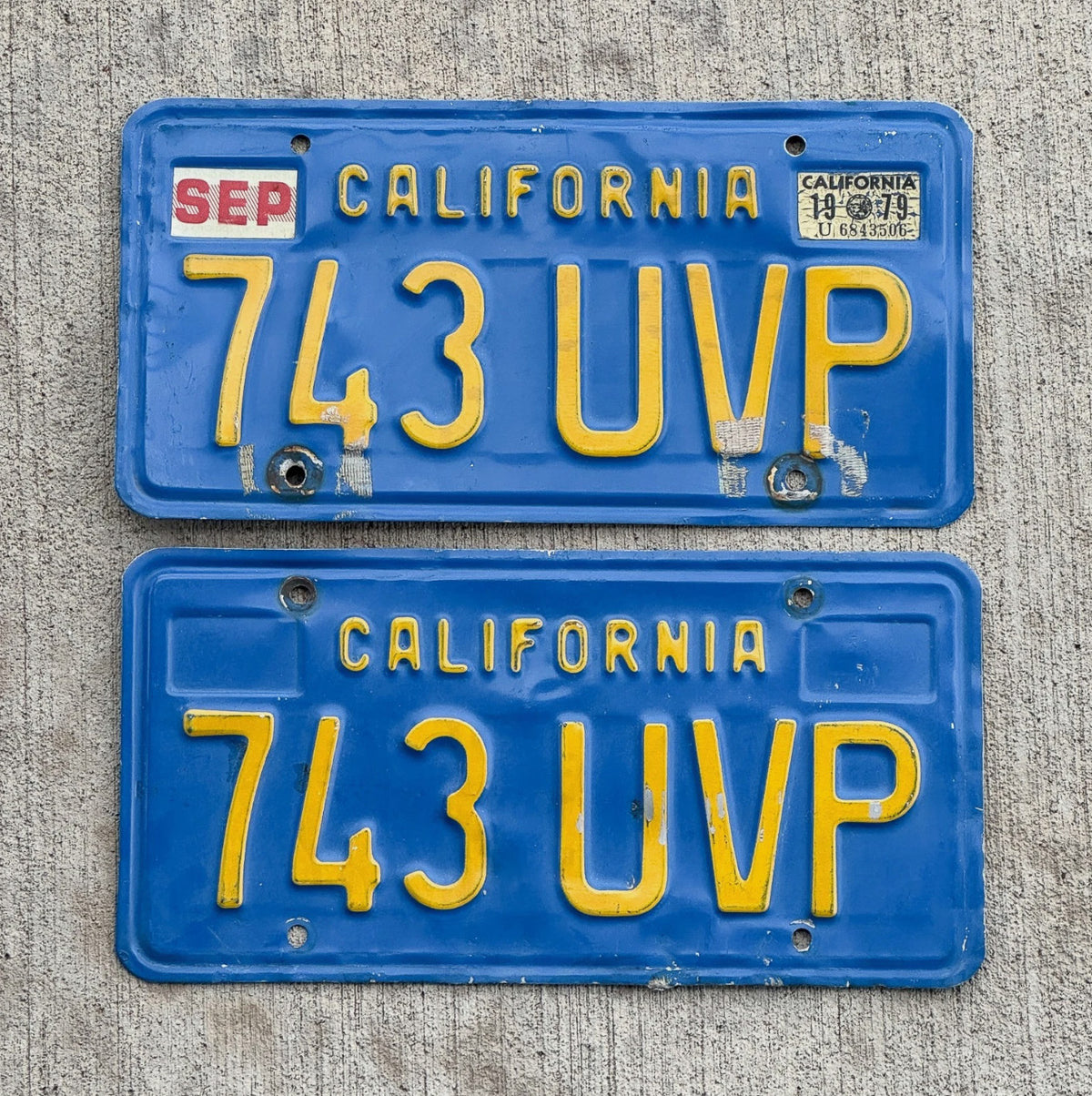 1970 1979 California License Plate Pair Auto Tag DMV Clear Number 743 UVP