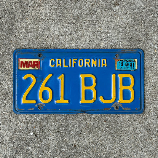 Photo of a 1970 1981 California License Plate Auto Tag Garage Decor Vintage 261 BJB with original patina
