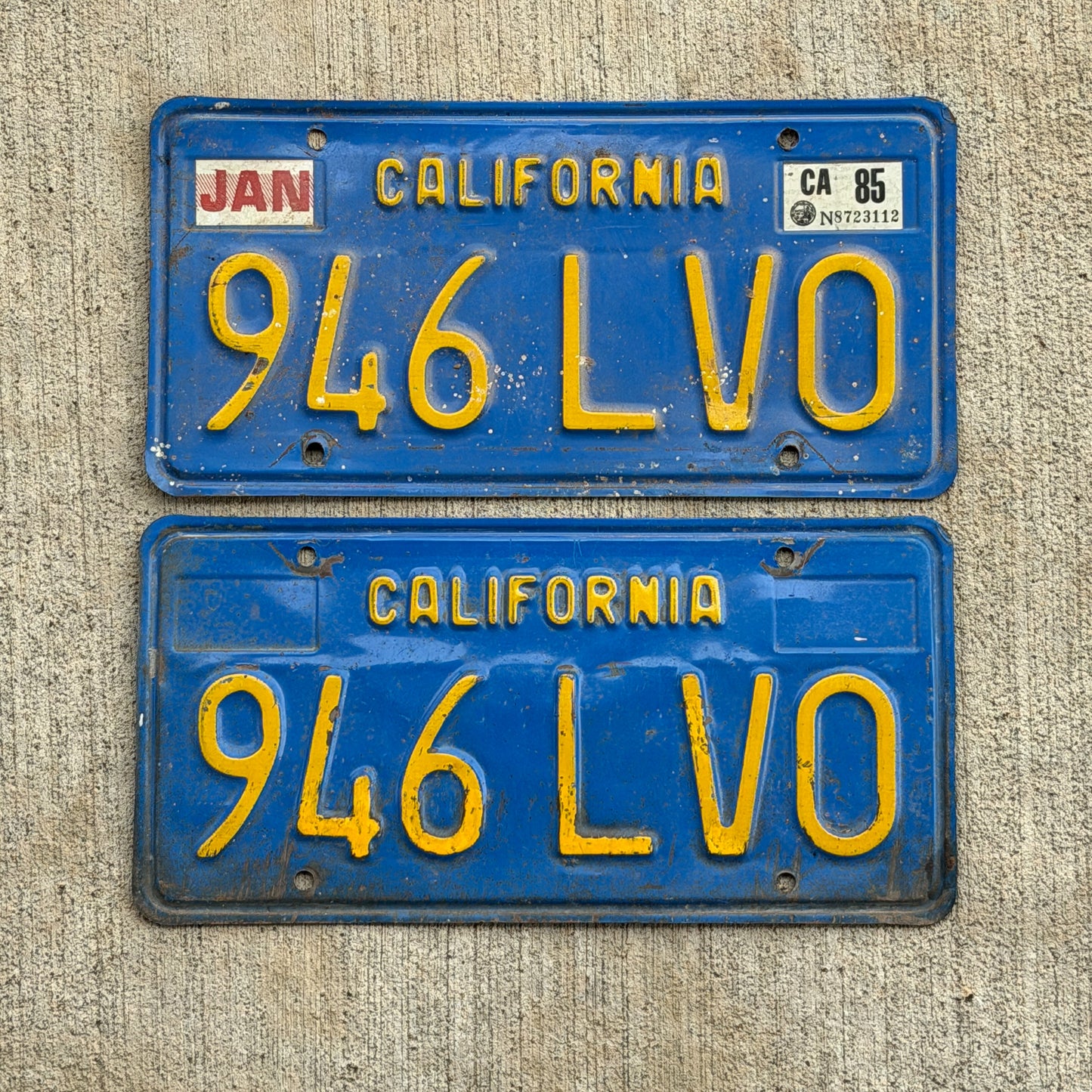Photo of a 1970 1985 California License Plate Pair Auto Tag Garage Decor Vintage 946 LVO with original patina
