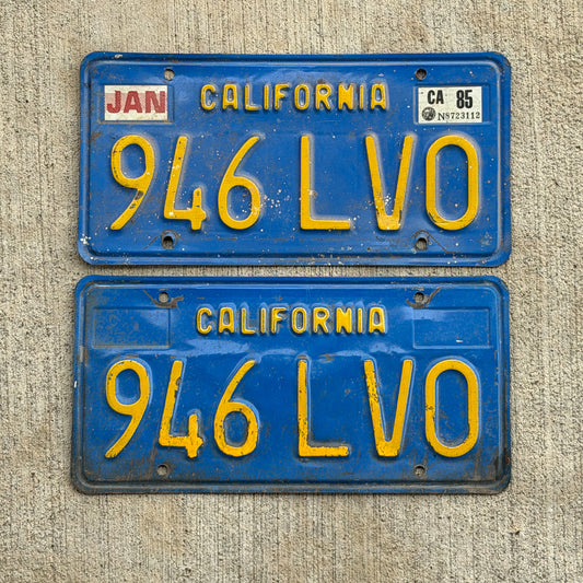 Photo of a 1970 1985 California License Plate Pair Auto Tag Garage Decor Vintage 946 LVO with original patina