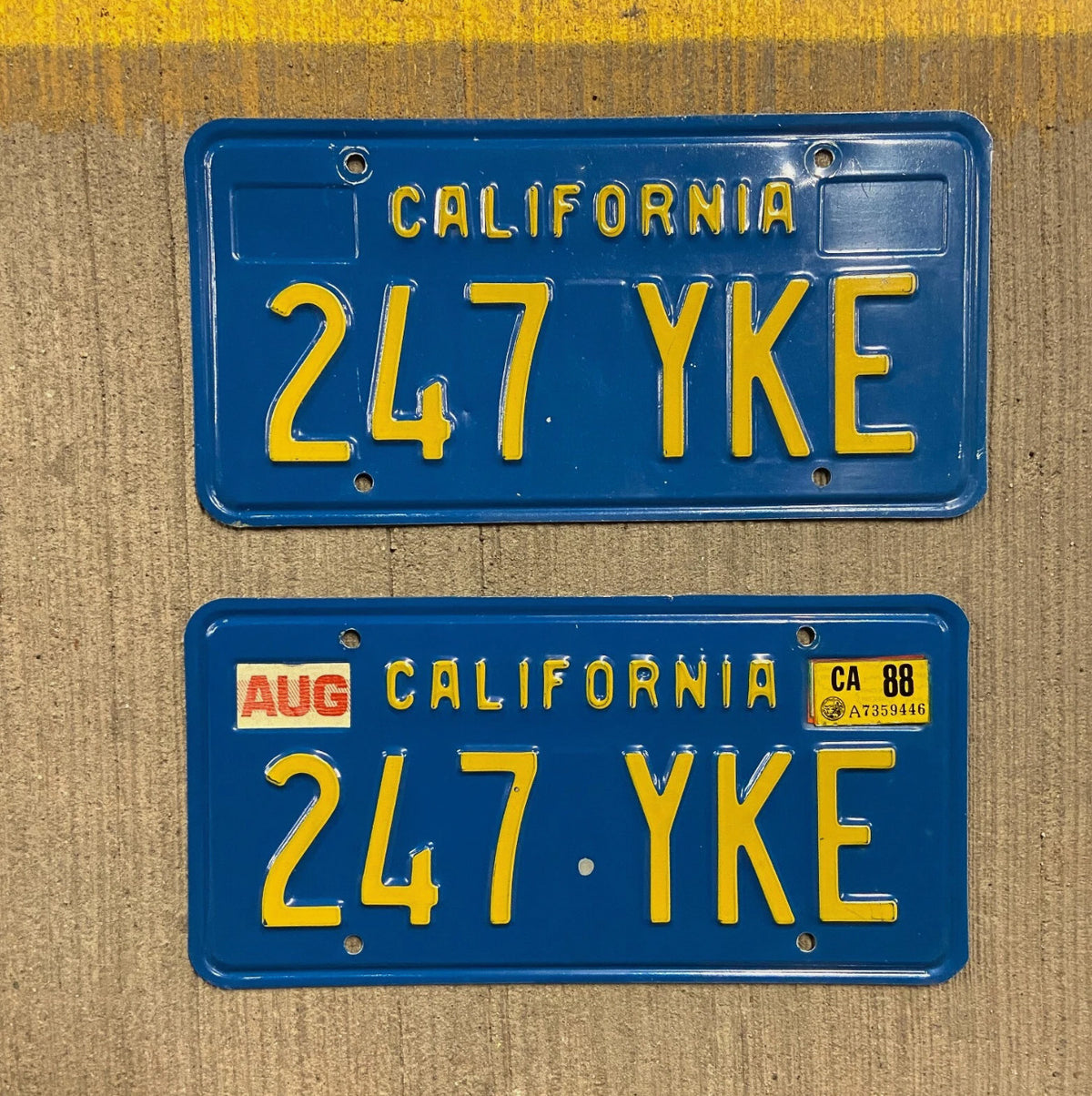 1970 1988 California License Plate Pair Auto Tag DMV Clear Number 247 YKE