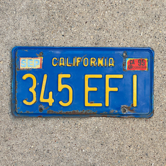 Photo of a 1970 1995 California License Plate Auto Tag Garage Decor Vintage 345 EFI with original patina