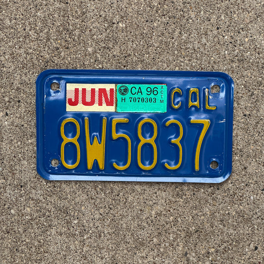 Photo of a 1970 1996 California Motorcycle License Plate Auto Tag Garage Decor Vintage 8W5837 with original patina