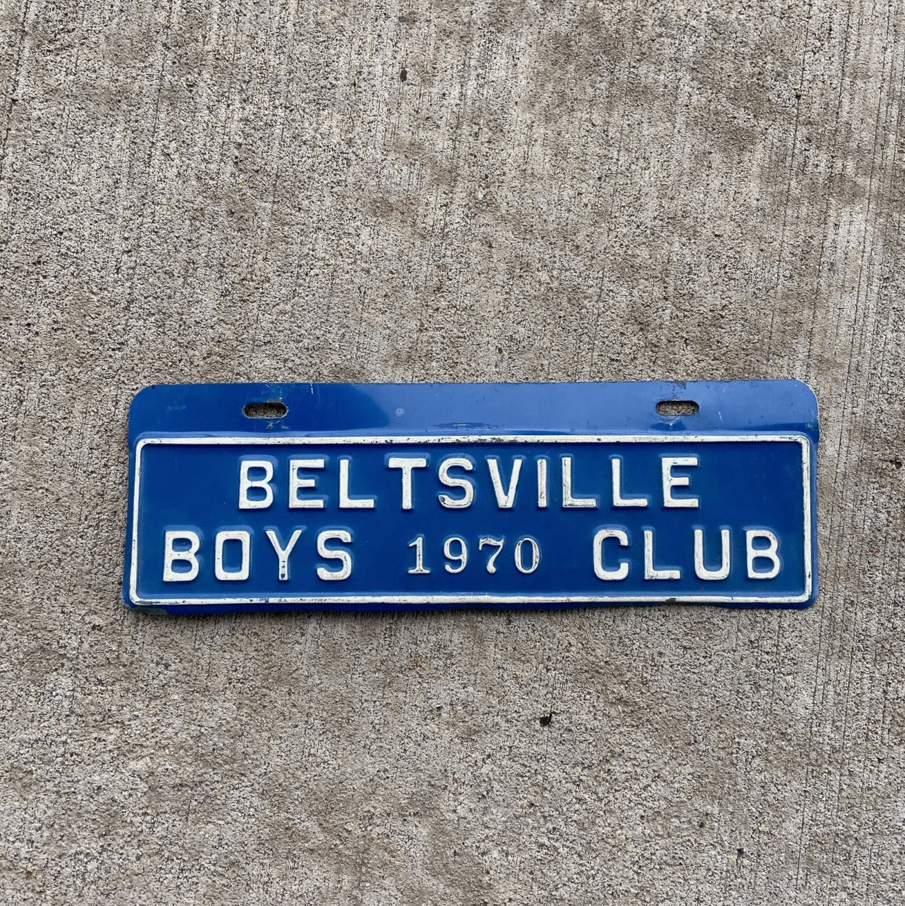 Photo of a 1970 Beltsville Maryland License Plate Topper Auto Tag Garage Decor Vintage Boys Club Blue White Near Washington DC with original patina