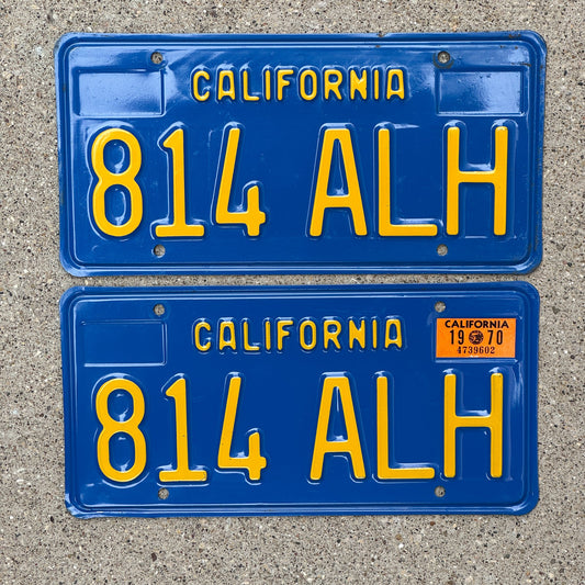 Photo of a 1970 California License Plate Pair Auto Tag Garage Decor Vintage High Quality 814 ALH with original patina