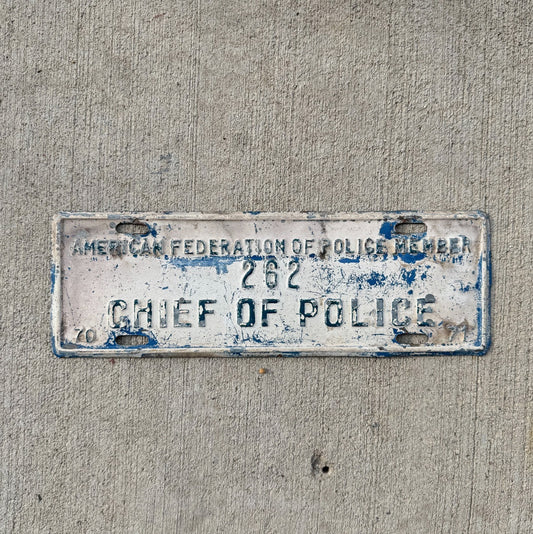 Photo of a 1970 Chief of Police License Plate Topper Auto Tag Garage Decor Vintage American Federation of Police Cop 262 with original patina