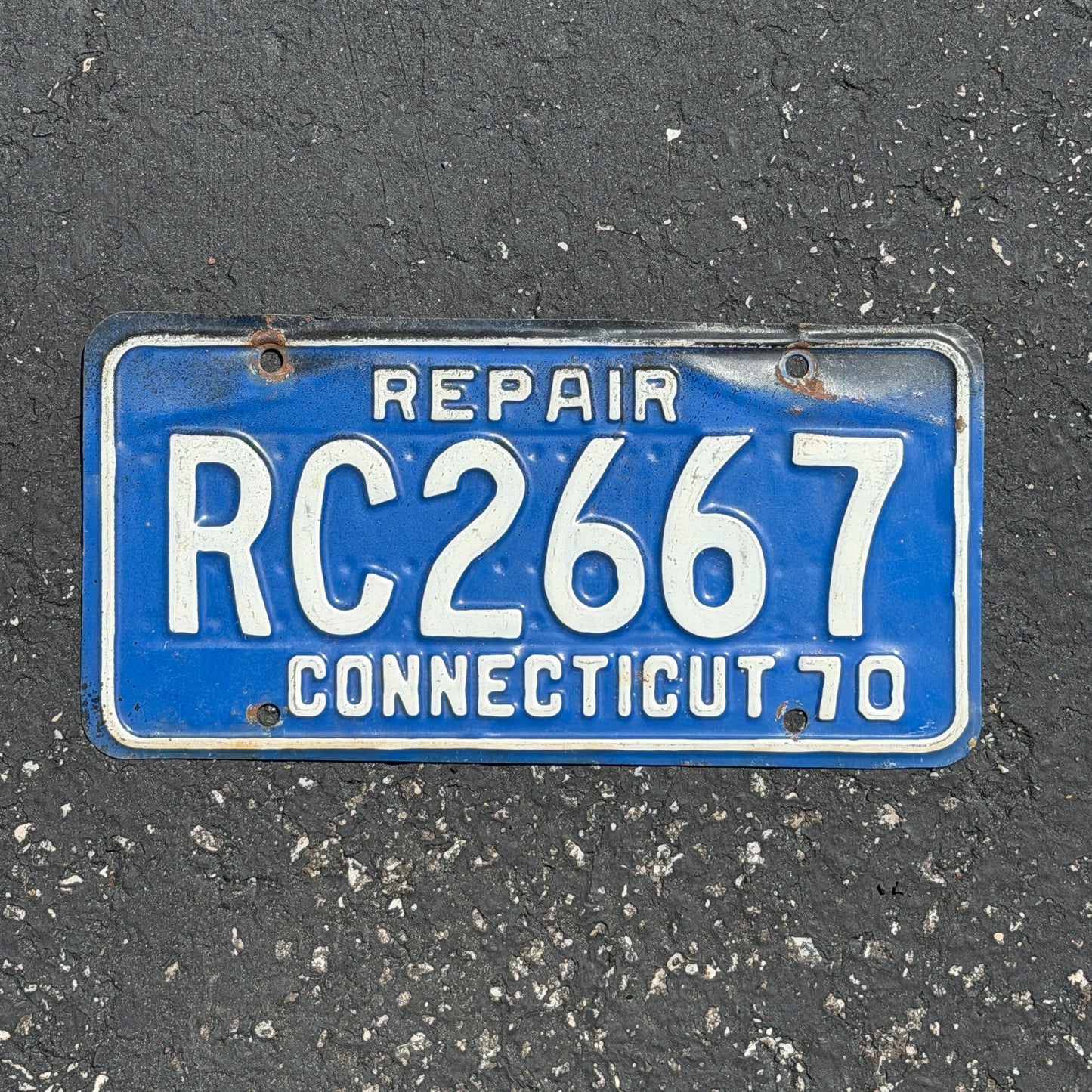 Photo of a 1970 Connecticut Repair License Plate Auto Tag Garage Decor Vintage RC 2667 with original patina