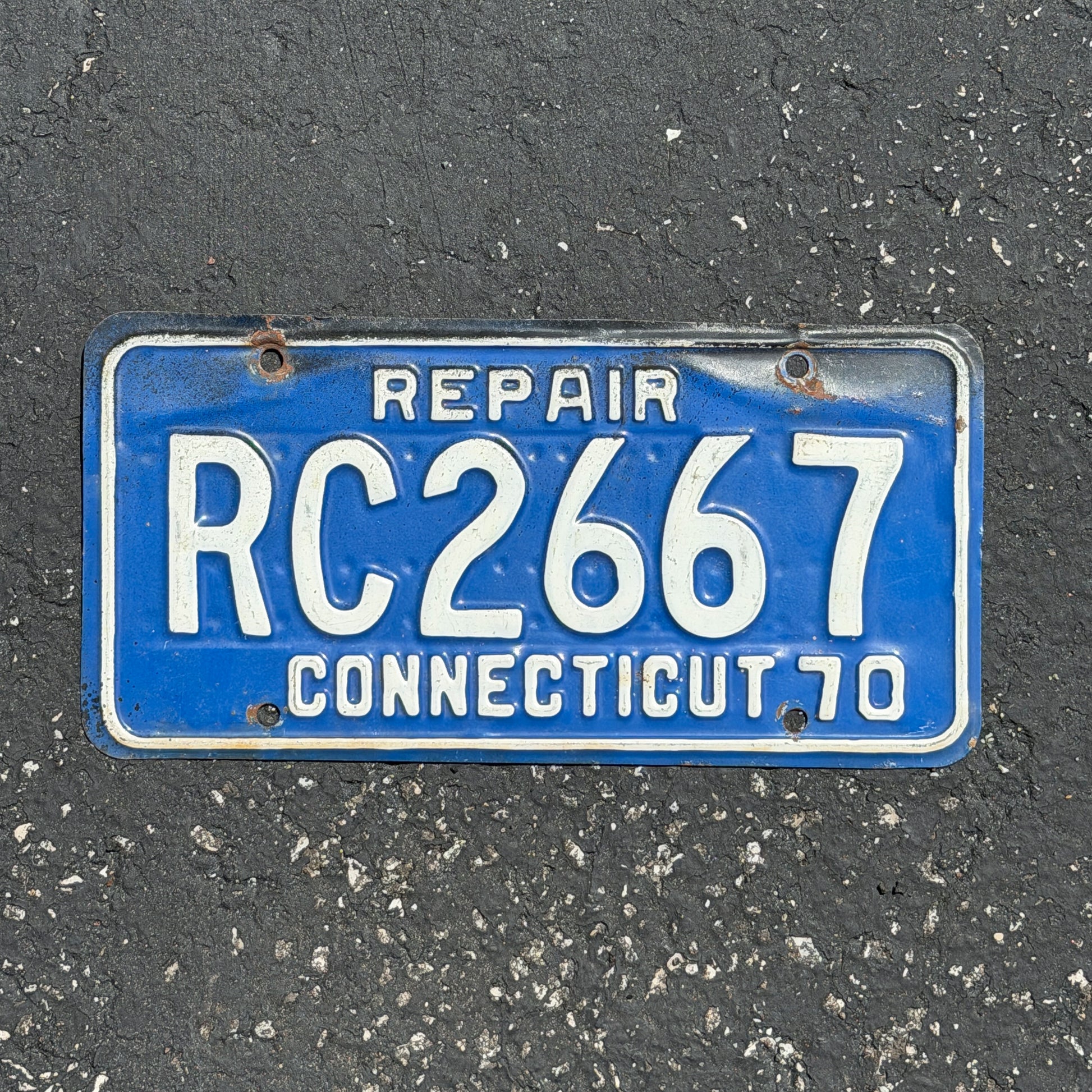 Photo of a 1970 Connecticut Repair License Plate Auto Tag Garage Decor Vintage RC 2667 with original patina