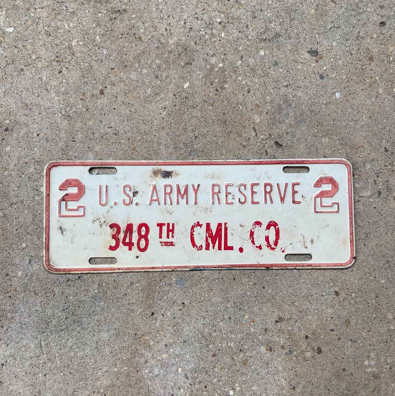 Photo of a 1970 Era 2nd Army Reserve License Plate Topper Auto Tag Garage Decor Vintage 348th CML Co Chemical US Military with original patina