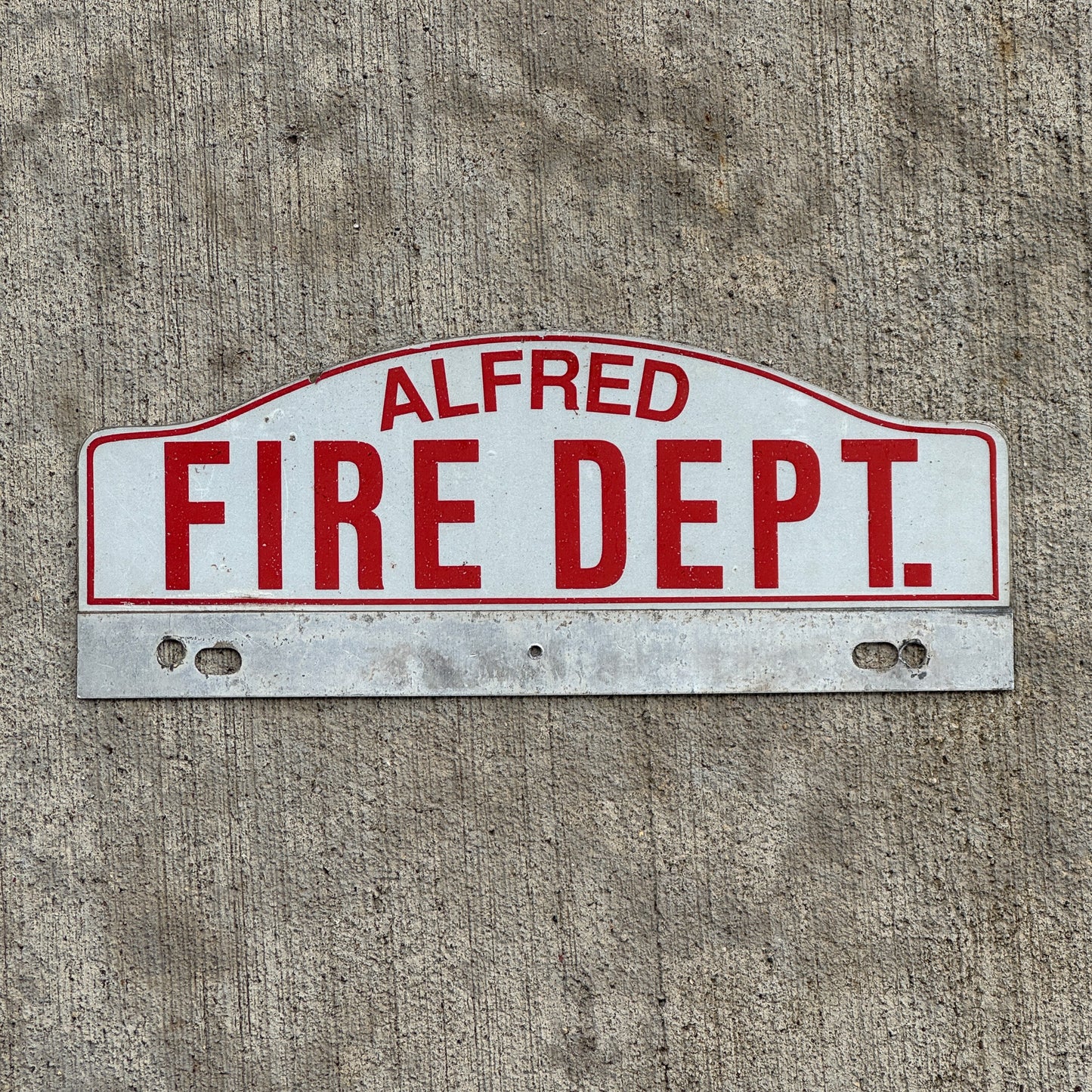 Photo of a 1970 Era Alfred Maine Fire Department License Plate Topper Auto Tag Garage Decor Vintage with original patina