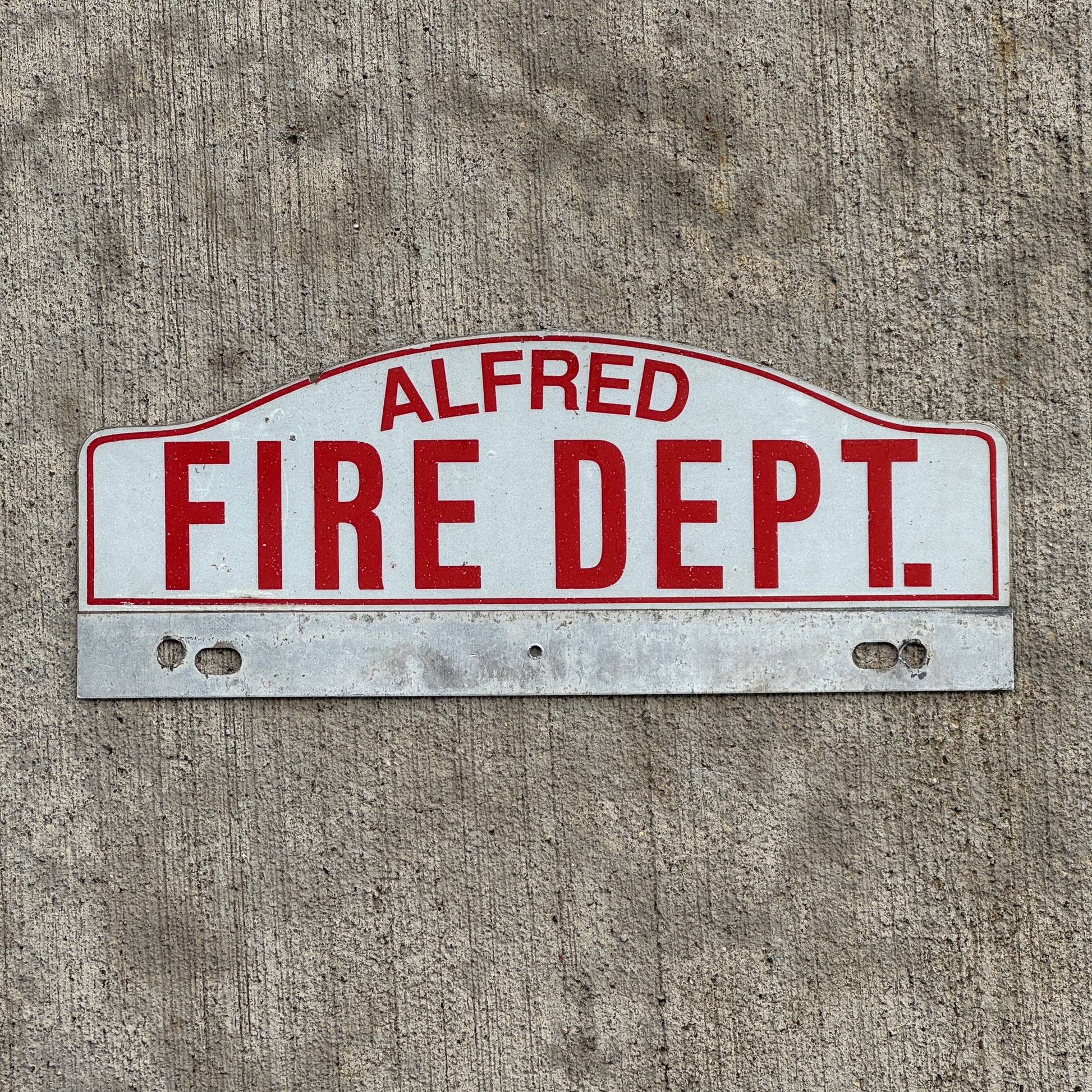 Photo of a 1970 Era Alfred Maine Fire Department License Plate Topper Auto Tag Garage Decor Vintage with original patina