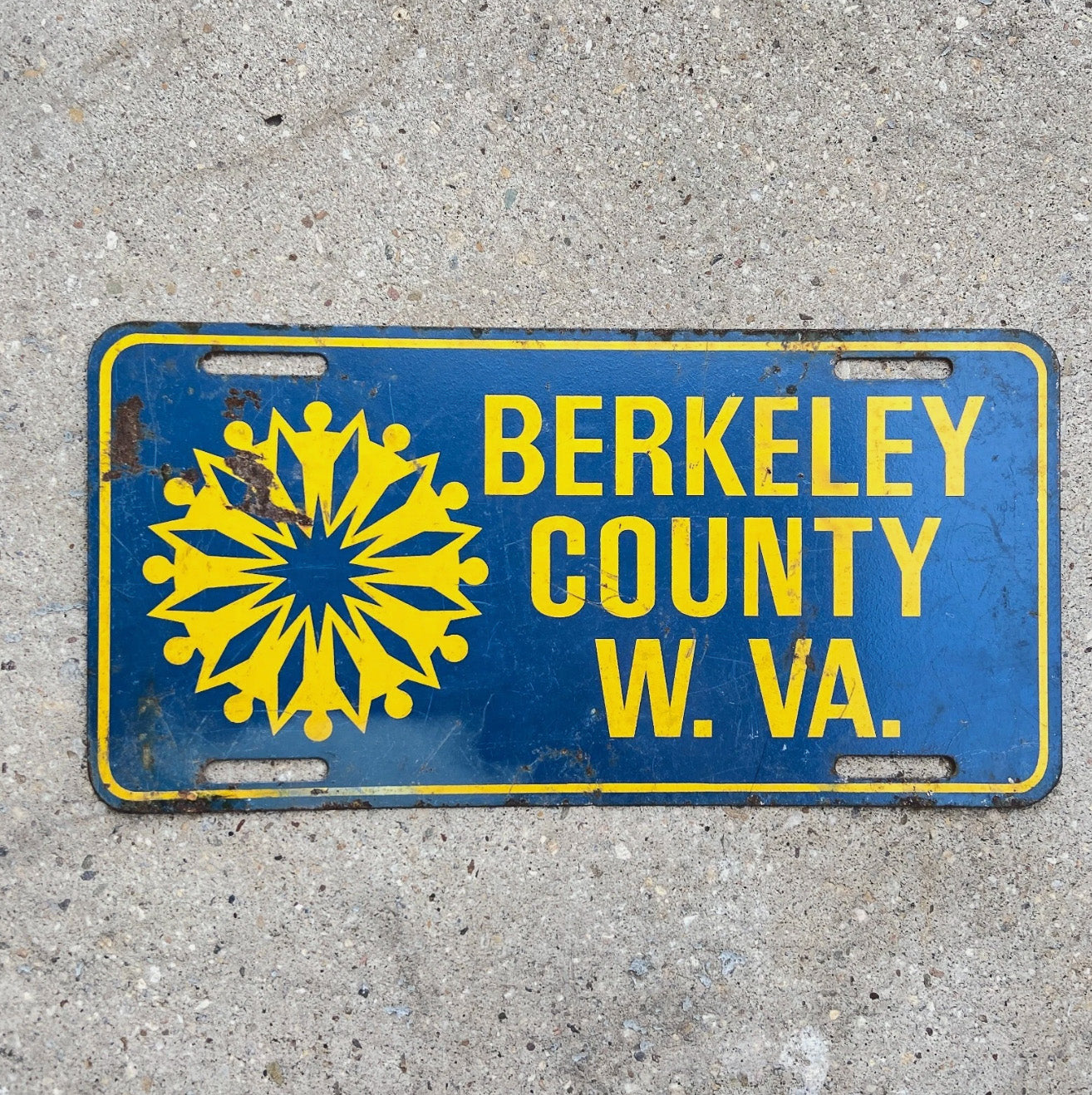 Photo of a 1970 Era Berkeley County West Virginia Booster License Plate Auto Tag Garage Decor Vintage Metal WVA WV with original patina