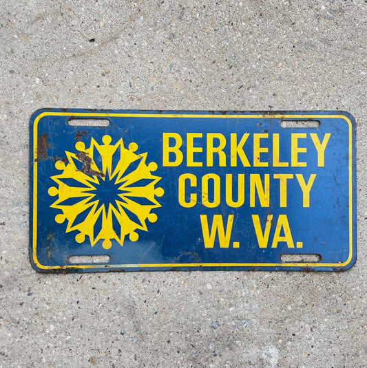 Photo of a 1970 Era Berkeley County West Virginia Booster License Plate Auto Tag Garage Decor Vintage Metal WVA WV with original patina