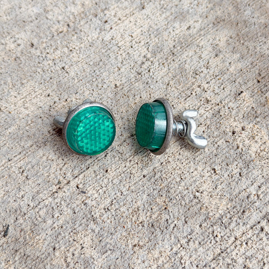 Photo of a 1970 Era Green Jewel License Plate Auto Tag Garage Decor Vintage Reflector Set Round Bike Car Motorcycle with original patina