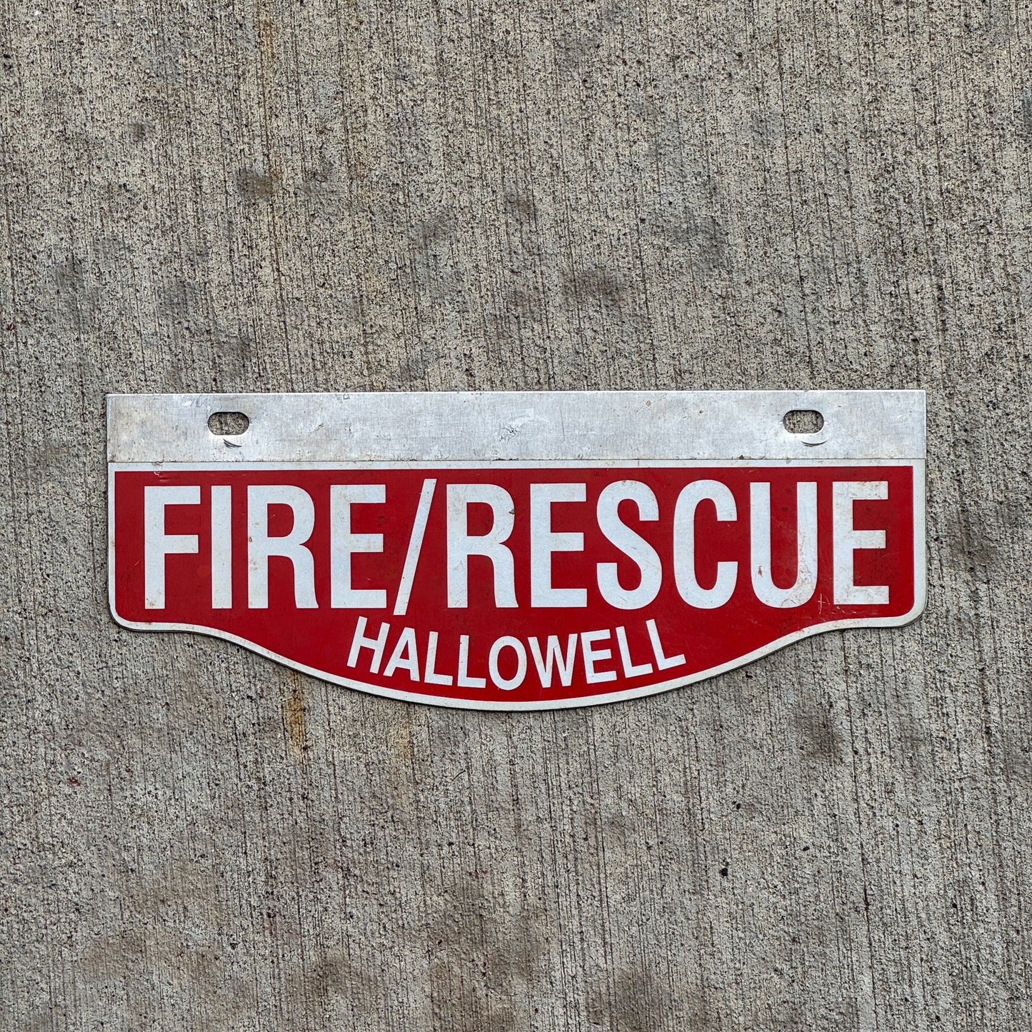 Photo of a 1970 Era Hallowell Maine Fire Department License Plate Topper Auto Tag Garage Decor Vintage Fire Rescue with original patina