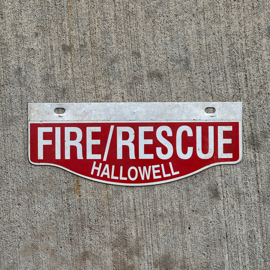 Photo of a 1970 Era Hallowell Maine Fire Department License Plate Topper Auto Tag Garage Decor Vintage Fire Rescue with original patina