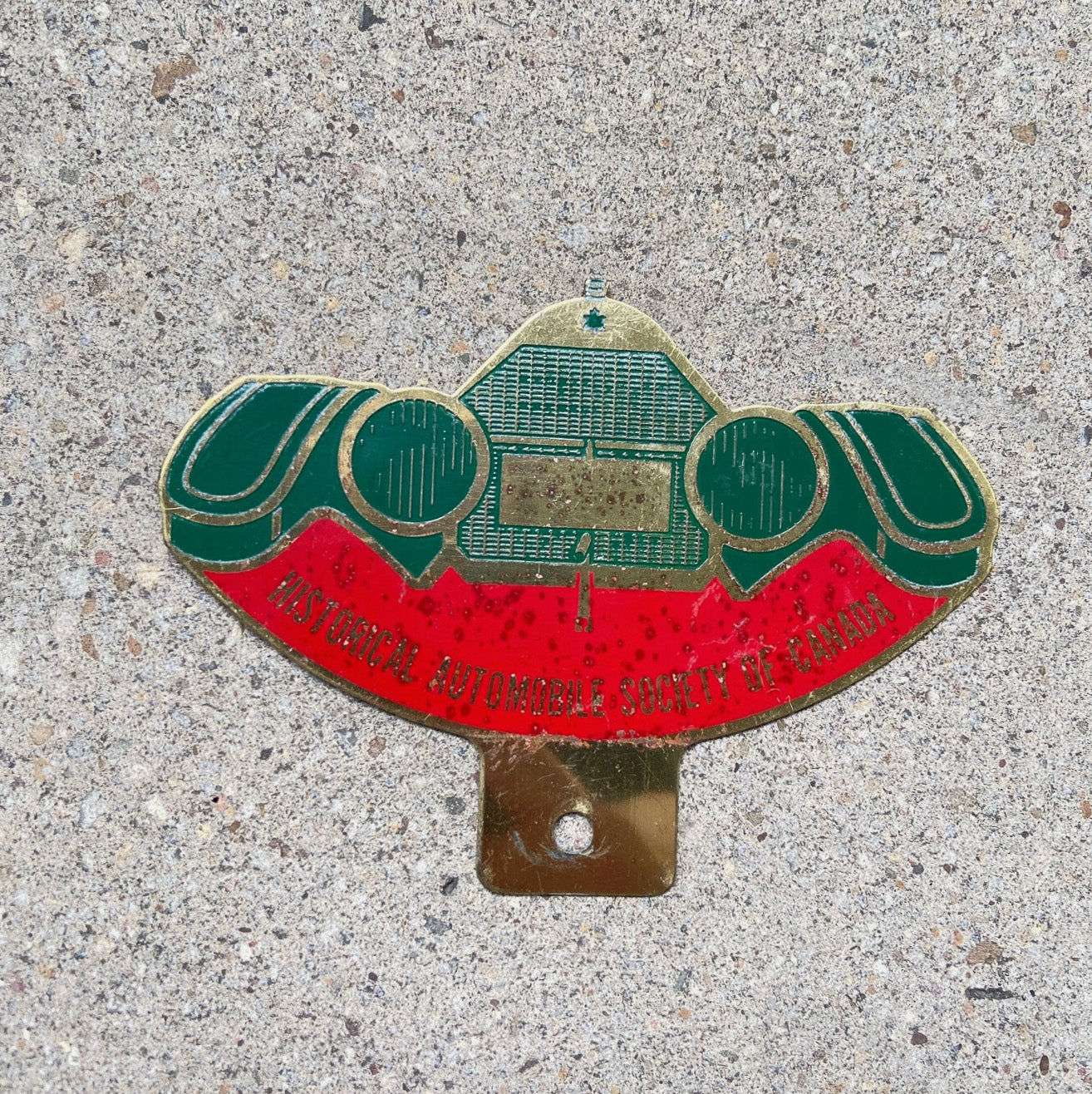 Photo of a 1970 Era Historical Automobile Society Canada License Plate Topper Auto Tag Garage Decor Vintage Badge Car Club with original patina