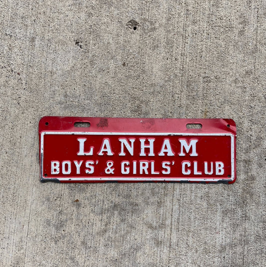 Photo of a 1970 Era Lanham Maryland License Plate Topper Auto Tag Garage Decor Vintage Boys Girls Club Near Washington DC with original patina