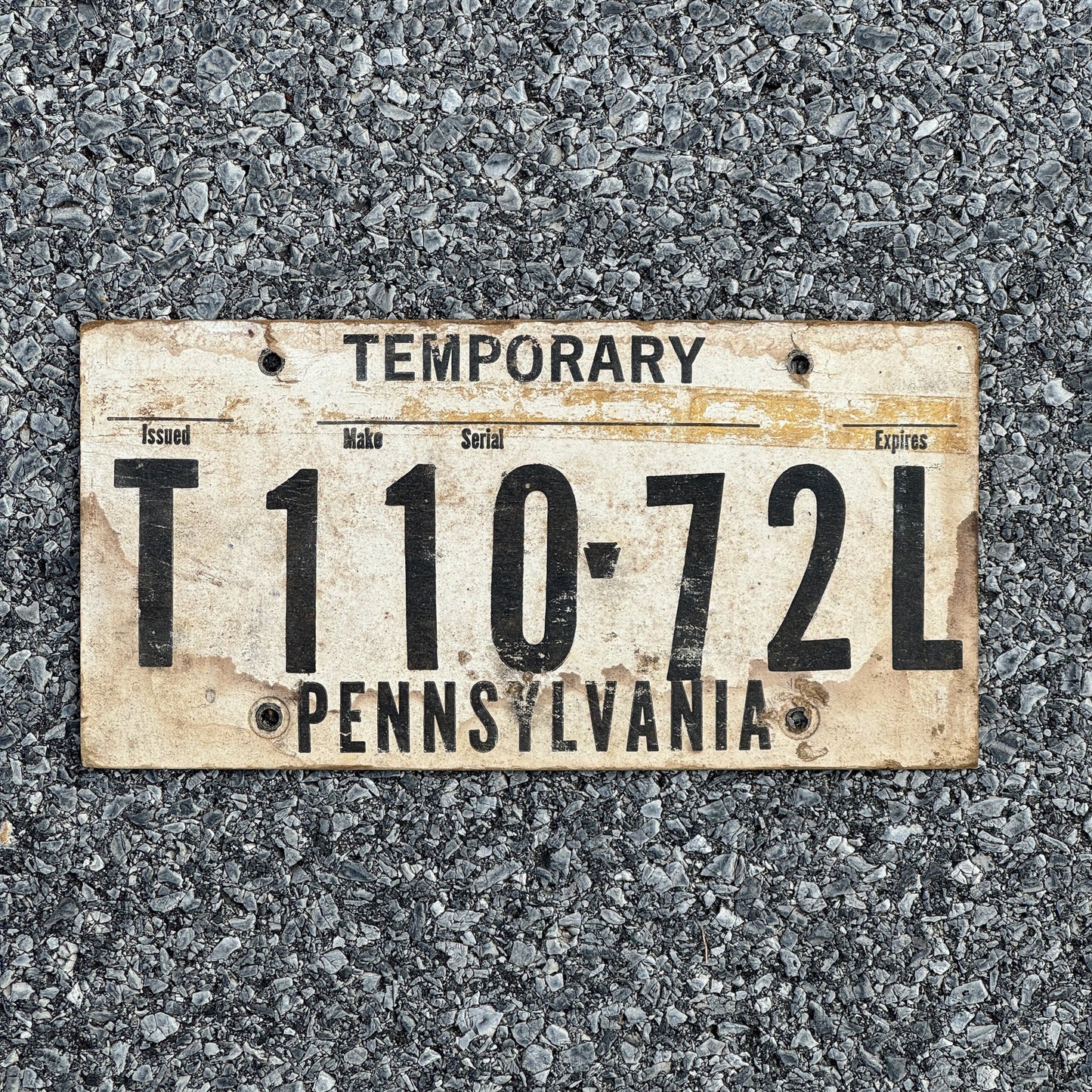 Photo of a 1970 Era Pennsylvania Temporary License Plate Auto Tag Garage Decor Vintage Card Stock T 1110 72L