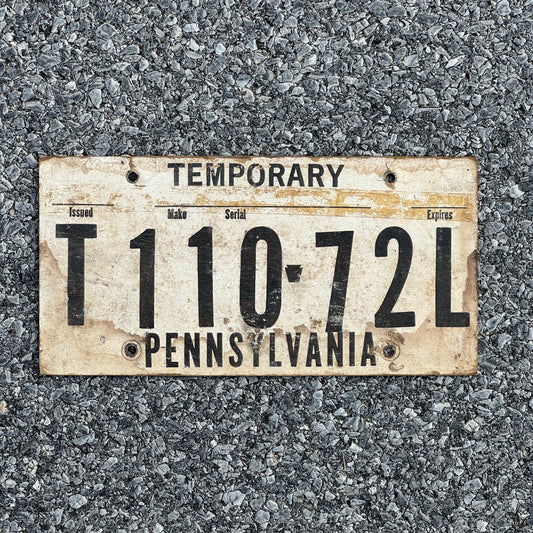 Photo of a 1970 Era Pennsylvania Temporary License Plate Auto Tag Garage Decor Vintage Card Stock T 1110 72L
