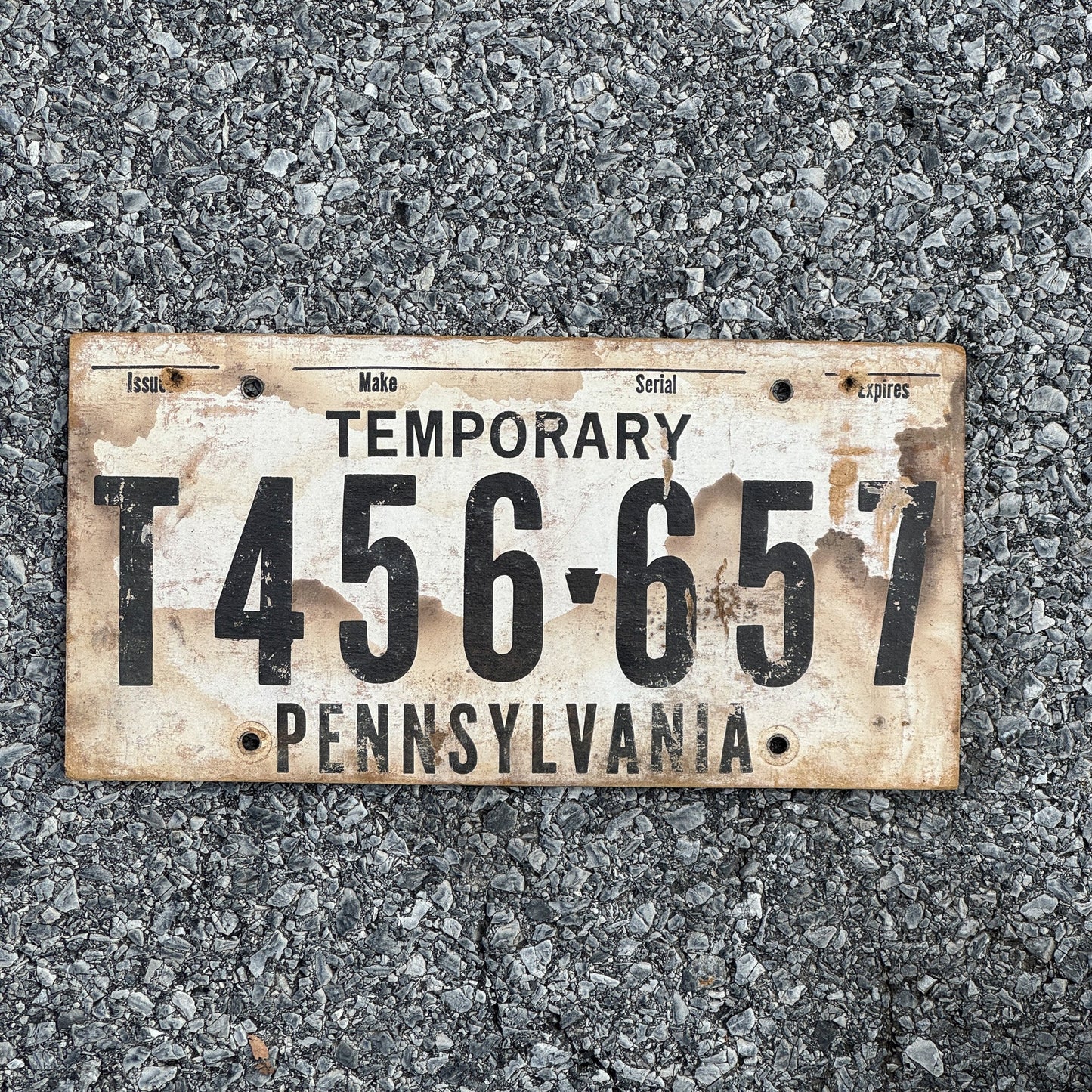 Photo of a 1970 Era Pennsylvania Temporary License Plate Auto Tag Garage Decor Vintage Card Stock T 456 657