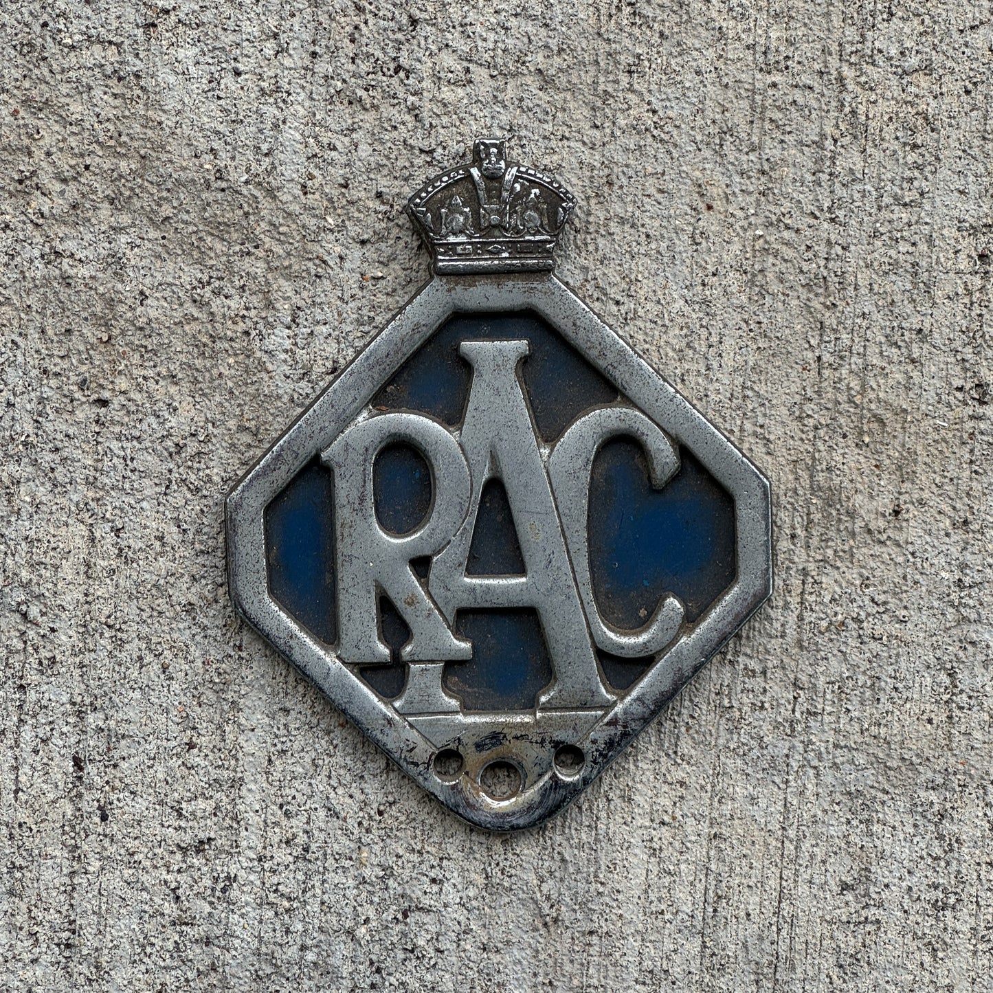 Photo of a 1970 Era Royal Auto Club United Kingdom Badge Emblem License Plate Topper Auto Tag Garage Decor Vintage RAC with original patina