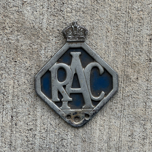 Photo of a 1970 Era Royal Auto Club United Kingdom Badge Emblem License Plate Topper Auto Tag Garage Decor Vintage RAC with original patina