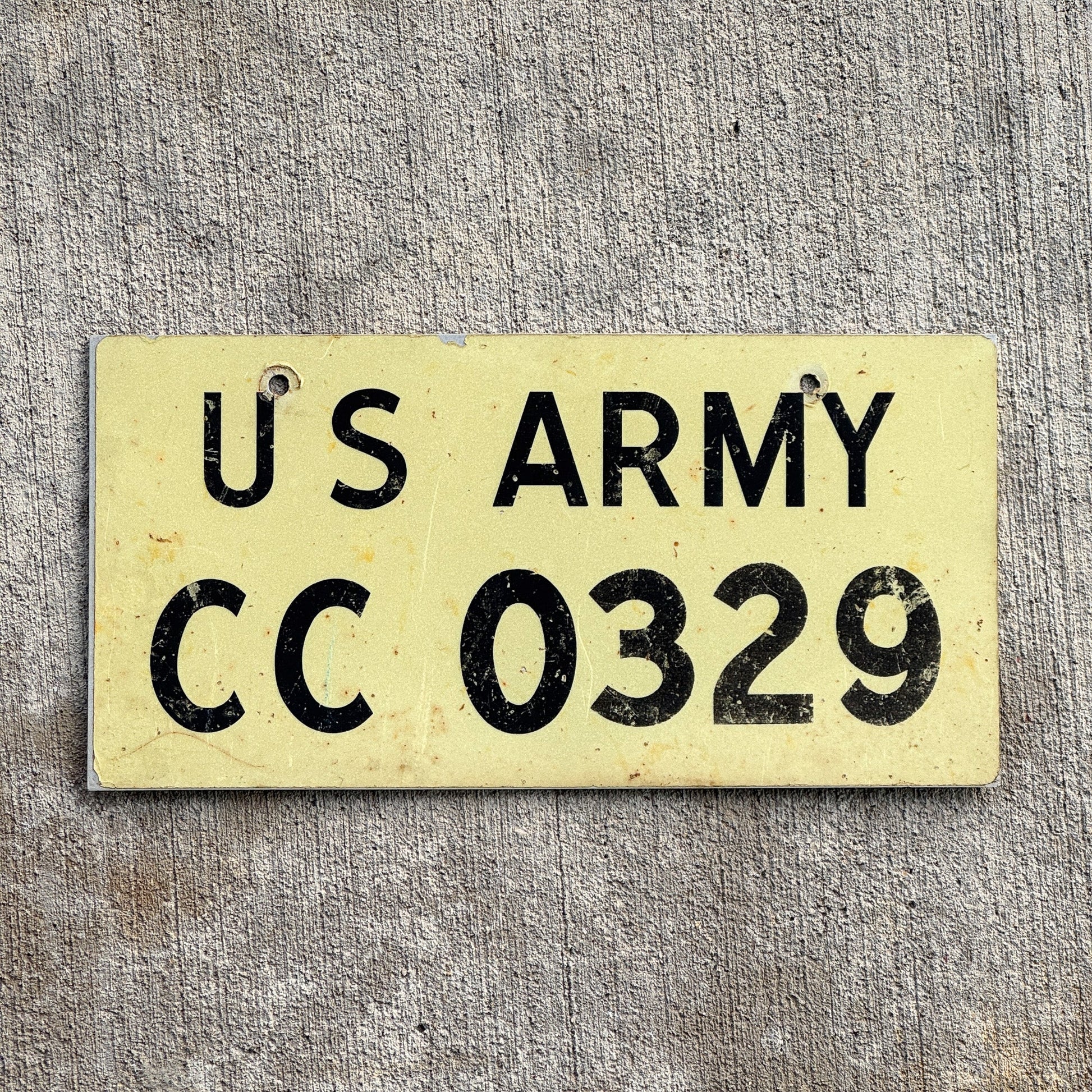 Photo of a 1970 Era US Army License Plate Auto Tag 1 Vintage Garage Military Vehicle CC 0329 with original patina