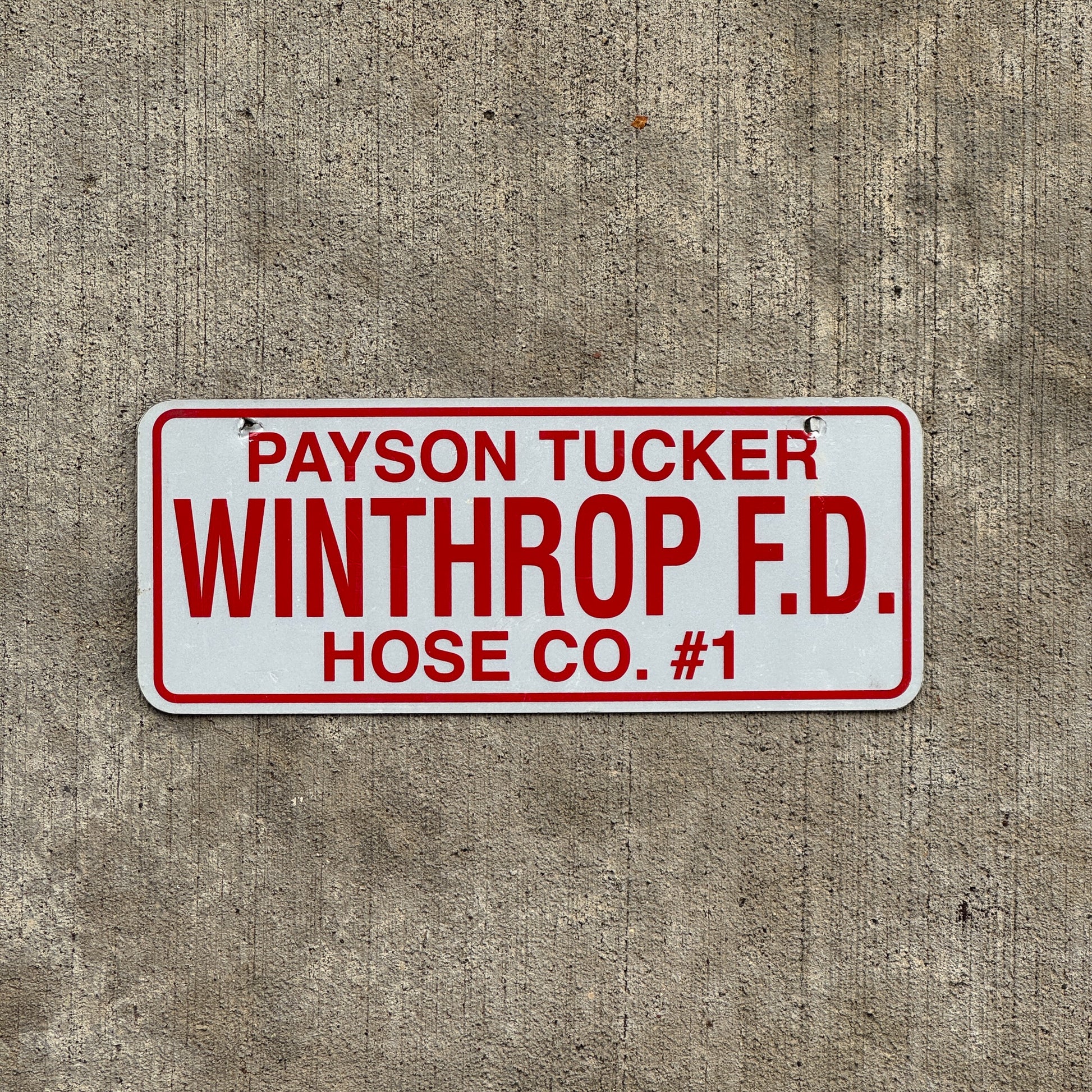 Photo of a 1970 Era Winthrop Maine License Plate Topper Auto Tag Garage Decor Vintage Payson Tucker Hose Co 1 with original patina