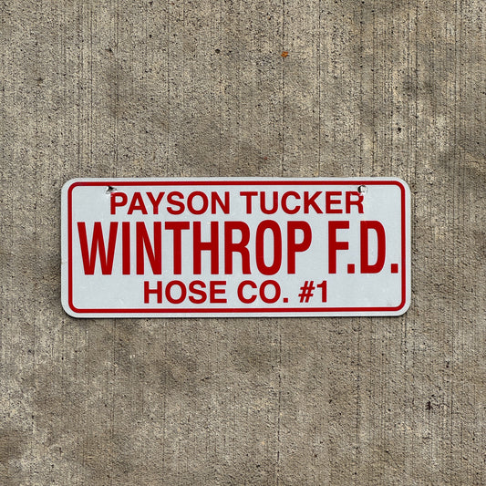 Photo of a 1970 Era Winthrop Maine License Plate Topper Auto Tag Garage Decor Vintage Payson Tucker Hose Co 1 with original patina