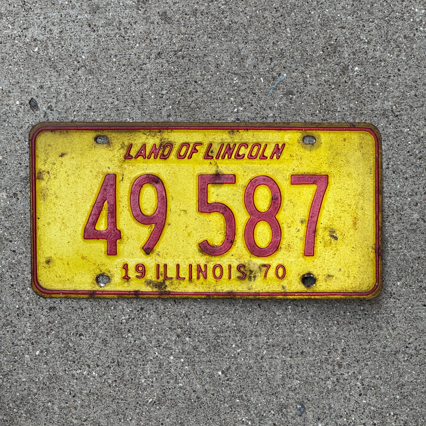 Photo of a 1970 Illinois License Plate Auto Tag 1 Vintage Garage 49 587 with original patina