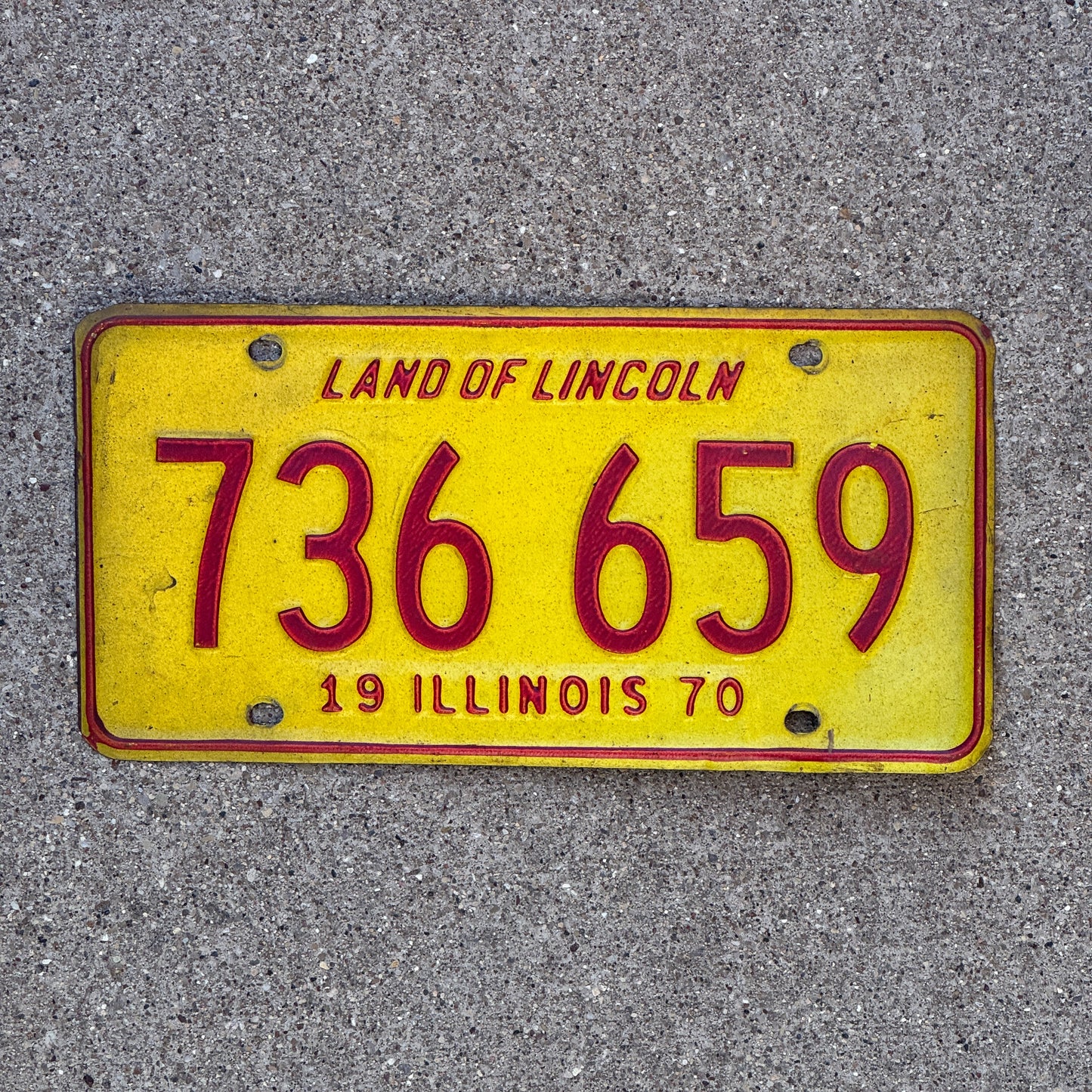 Photo of a 1970 Illinois License Plate Auto Tag 1 Vintage Garage 736 659 with original patina
