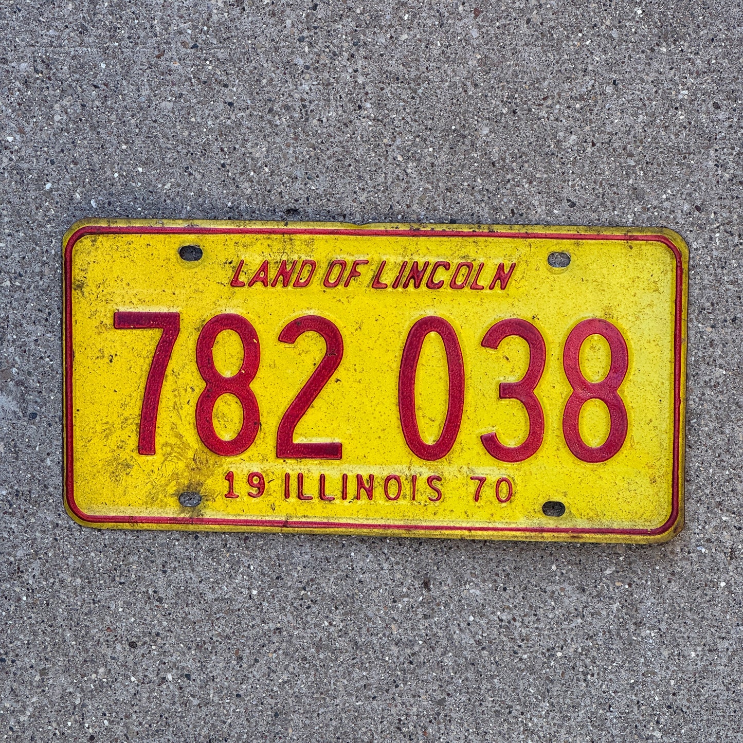 Photo of a 1970 Illinois License Plate Auto Tag 1 Vintage Garage 782 038 with original patina