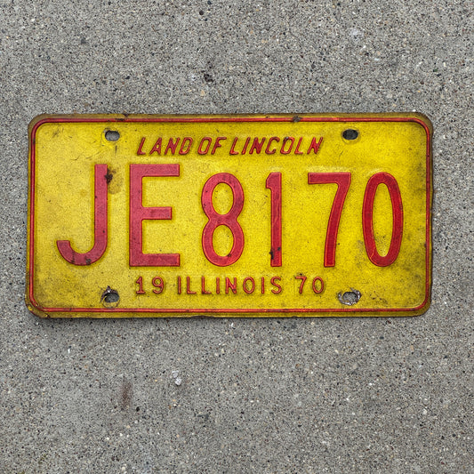 Photo of a 1970 Illinois License Plate Auto Tag 1 Vintage Garage JE 8170 with original patina