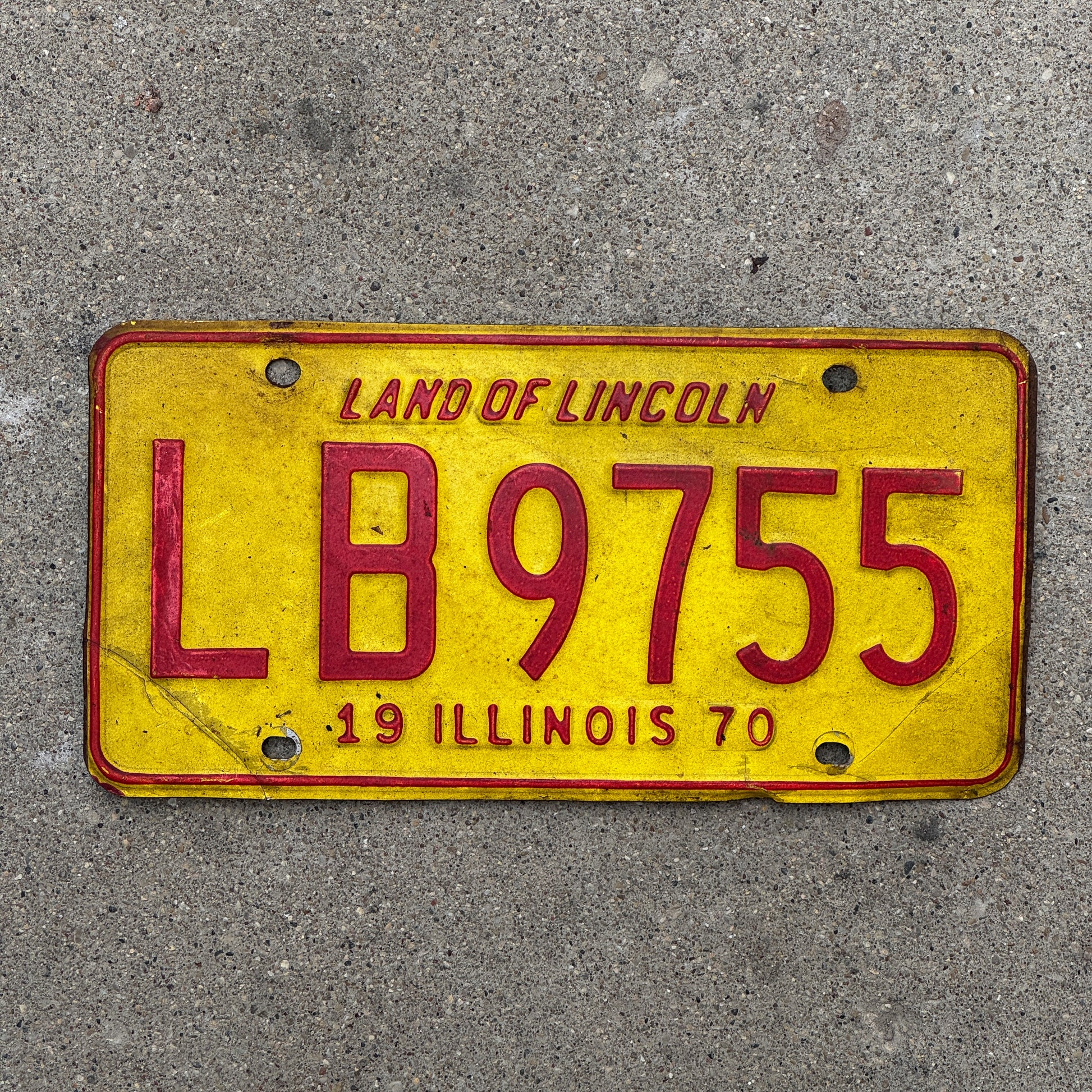 Photo of a 1970 Illinois License Plate Auto Tag 1 Vintage Garage LB 9755 with original patina