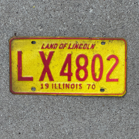 Photo of a 1970 Illinois License Plate Auto Tag 1 Vintage Garage LX 4802 with original patina